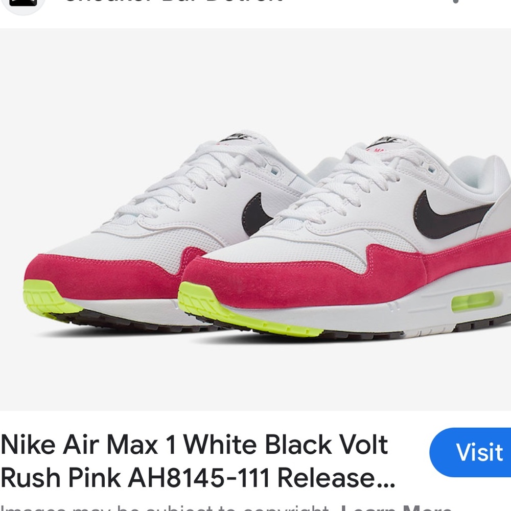 Nike Air Max 1 White Black Volt Rush Pink Sneakers